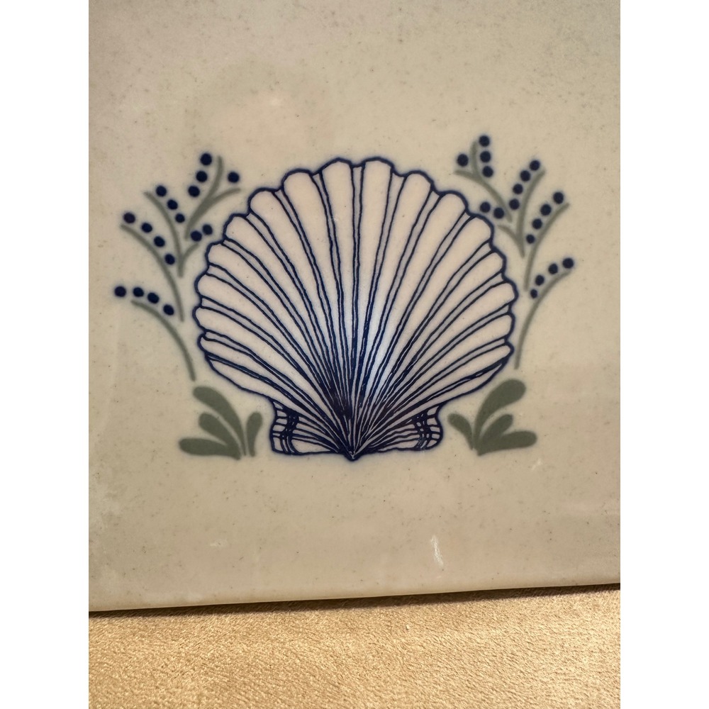 Vintage 6x6 Ceramic Decorative Trivet Tile Blue Seashell Coastal Glazed Cream - Picture 5 of 5